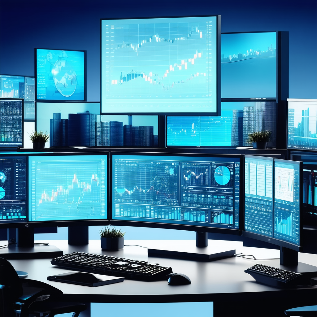 Business Isometric Design: Finance professional using multiple monitors