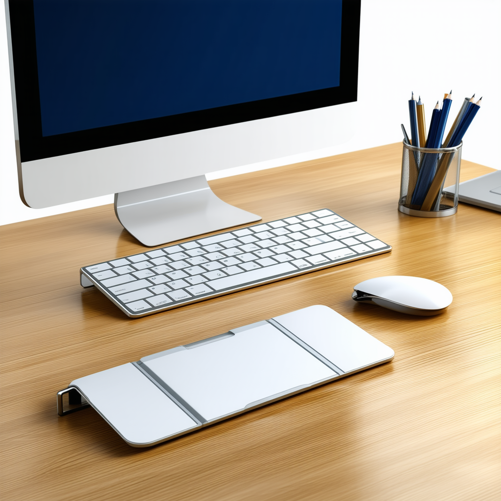 Business Digital Art: Workplace With Productivity Tools On Desk With Wooden Desk