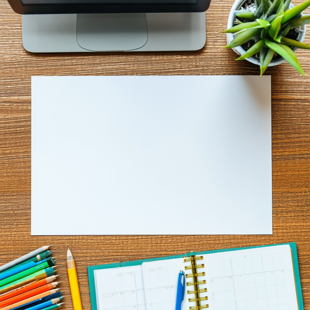 Business Lithograph: Workplace With Productivity Tools On Desk With Wooden Desk