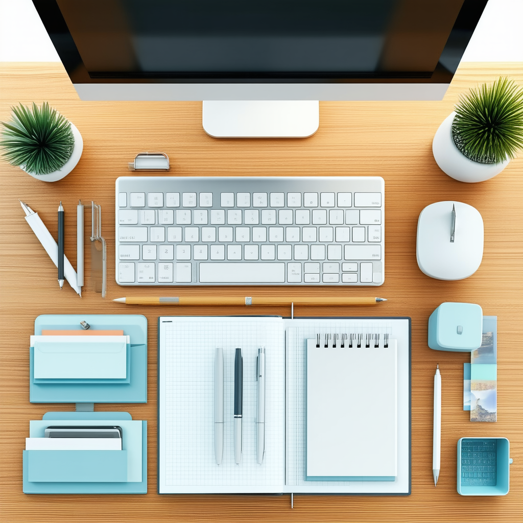 Business Infographic Style: Workplace with modern office supplies on desk