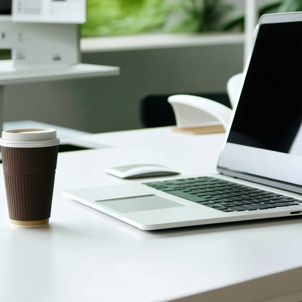 Business Geometric Design: Workplace with laptop and coffee on desk