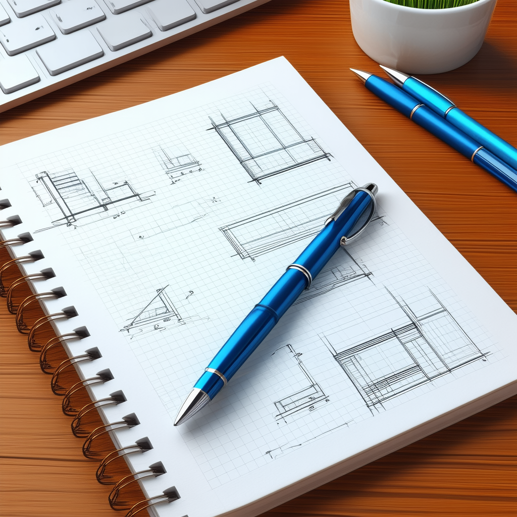 Business Technical Illustration: Workplace With Notebooks And Pens On Desk With Blue Sitting