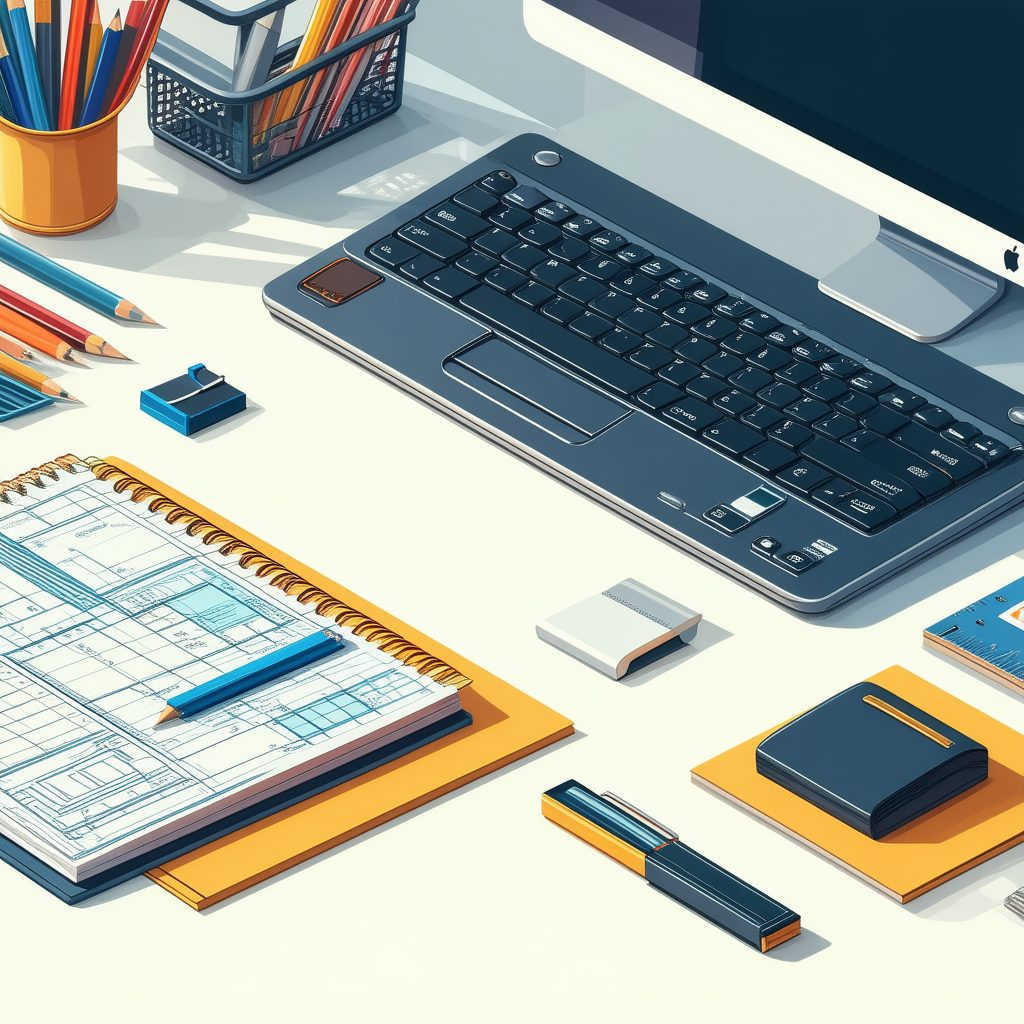 Business Technical Illustration: Workplace with (modern:1.37) office supplies on desk
