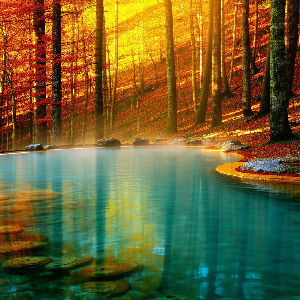 Nature Long Exposure Photography: Hot spring surrounded by autumn trees