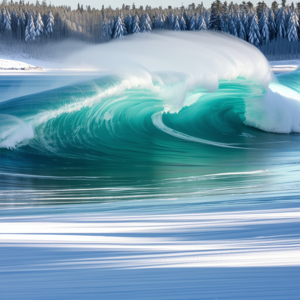 Nature Long Exposure Photography: (ocean:1.33) Waves Surrounded By Snow-covered Trees With Large Wave
