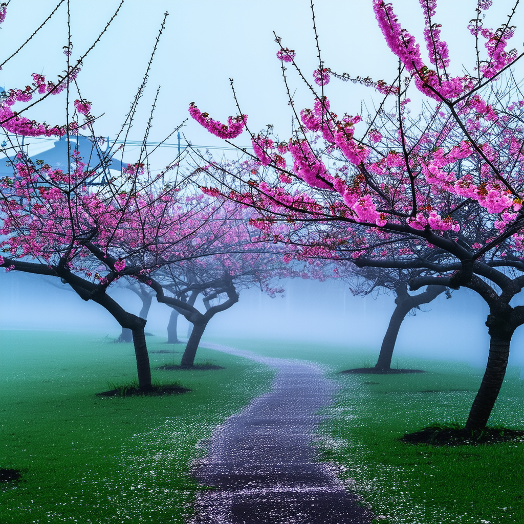 Nature Long Exposure Photography: Cherry Blossoms In Misty Environment With Image, There