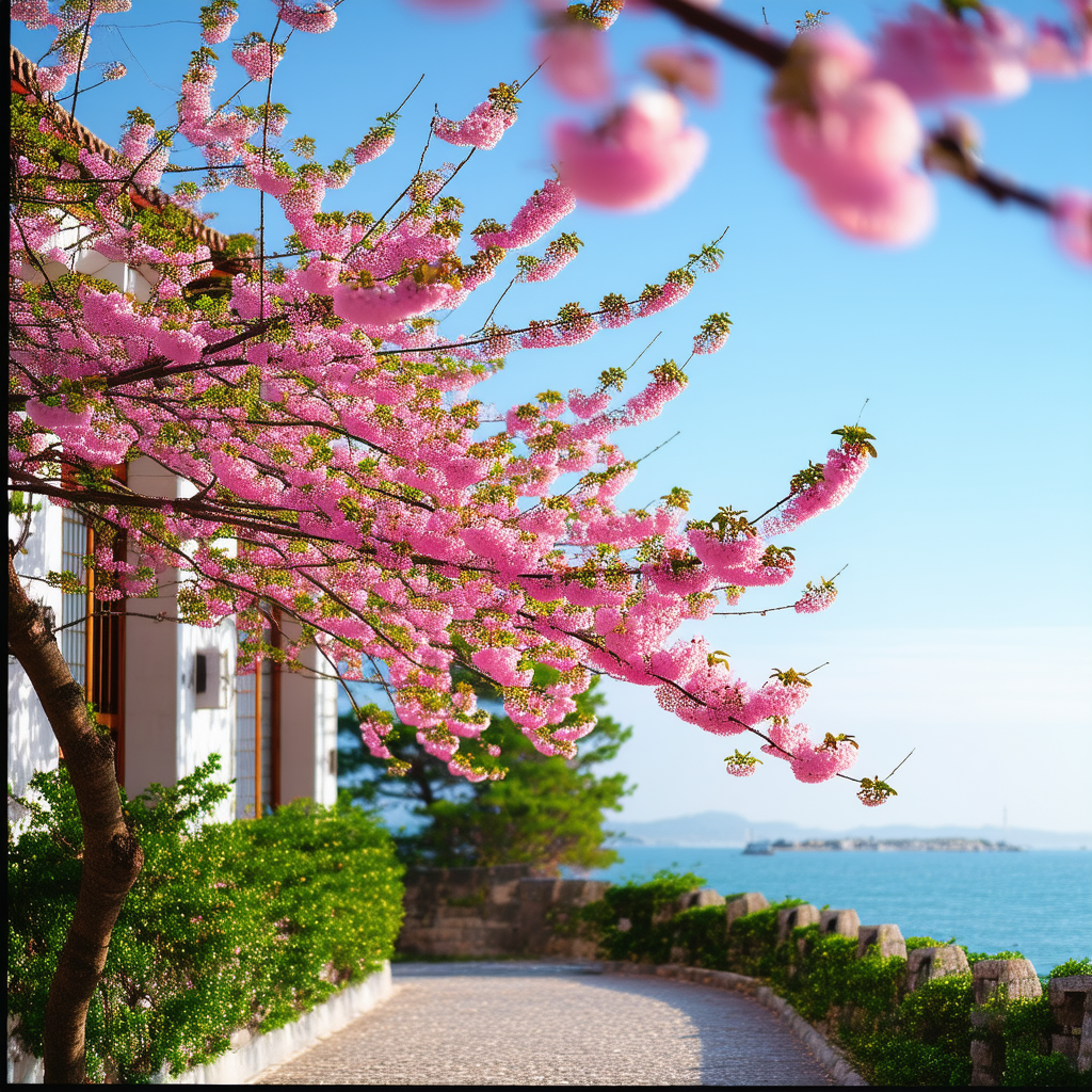 Nature Architectural Photography: Cherry Blossoms In Coastal Environment With Beautiful Tree