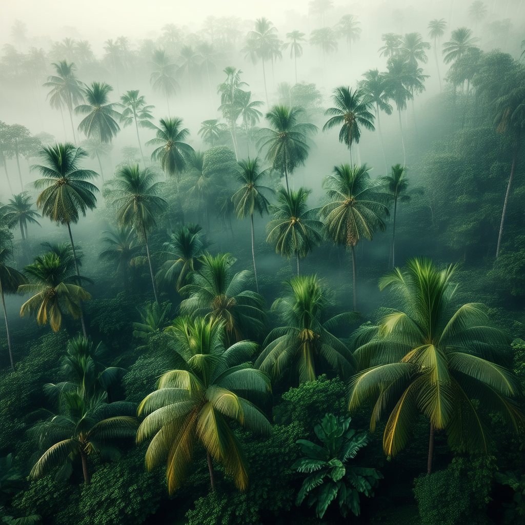 Nature Aerial Photography: Tropical plants in misty environment