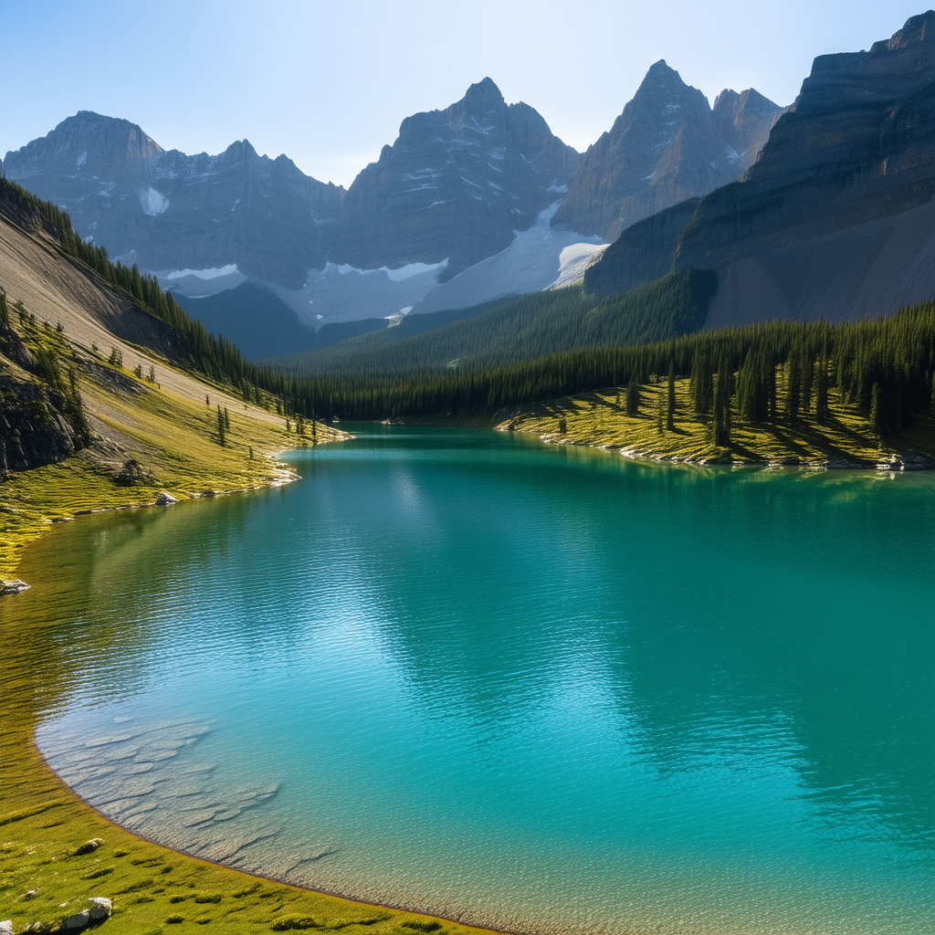 Nature Drone Photography: Crystal Clear Lake Surrounded By (mountain:1.17) Peaks With Beautiful Blue