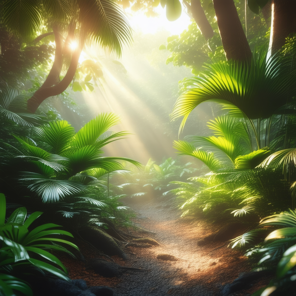Nature Macro Photography: Tropical Plants In Sunlit Clearing With Lush Green
