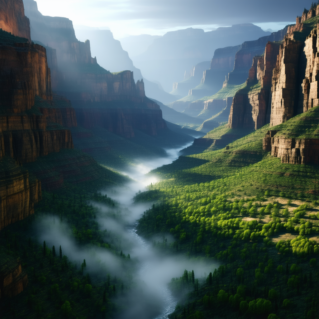 Nature 3D Render: (mist:1.23) over canyon floor