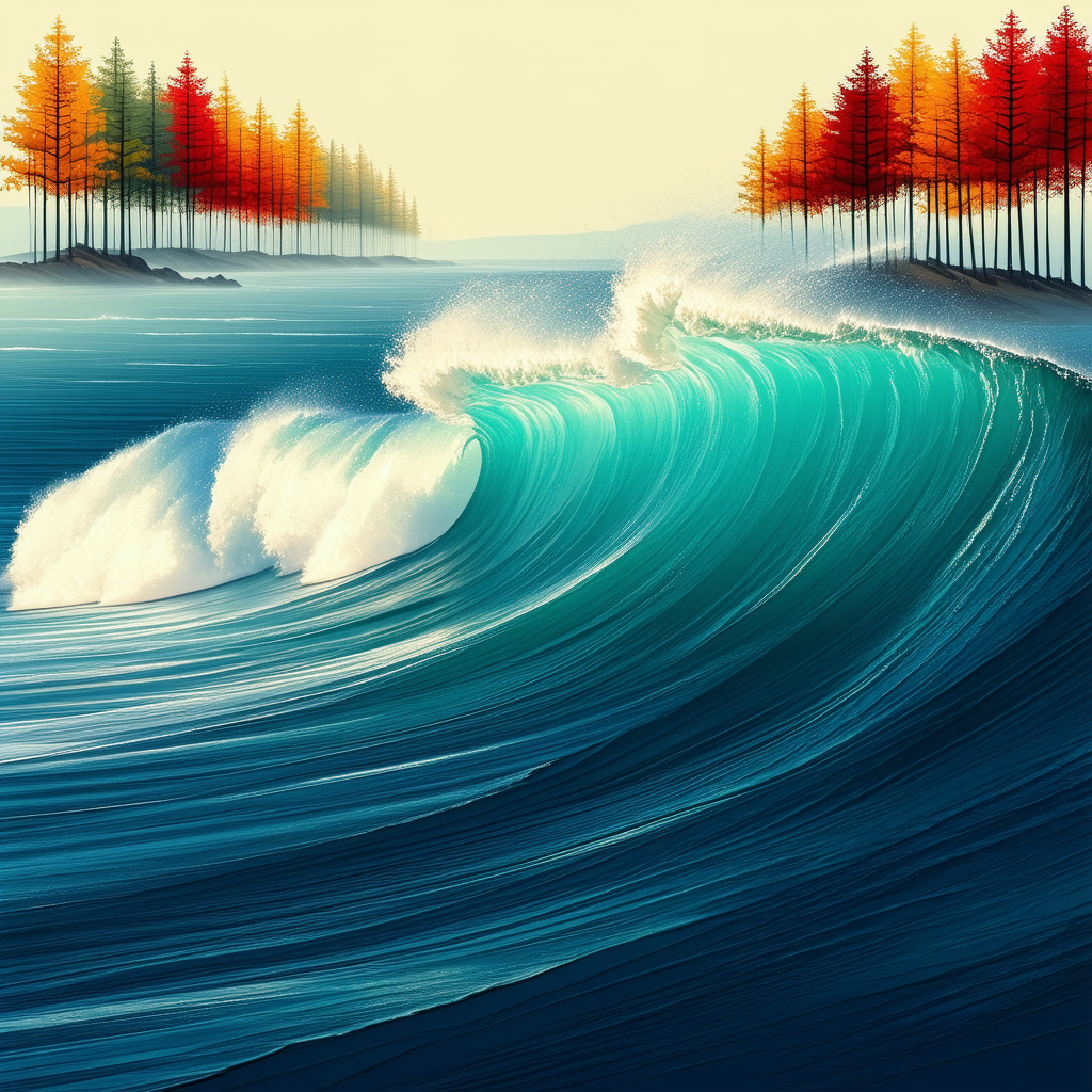 Nature Digital Art: Ocean Waves Surrounded By Autumn Trees With Painting Large