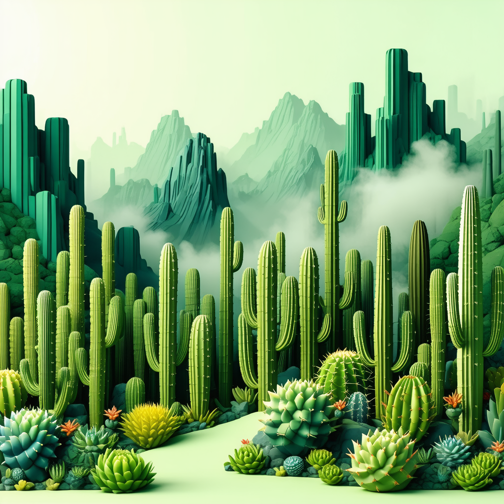 Nature Isometric Design: Cactus In Misty Environment With Lush Green