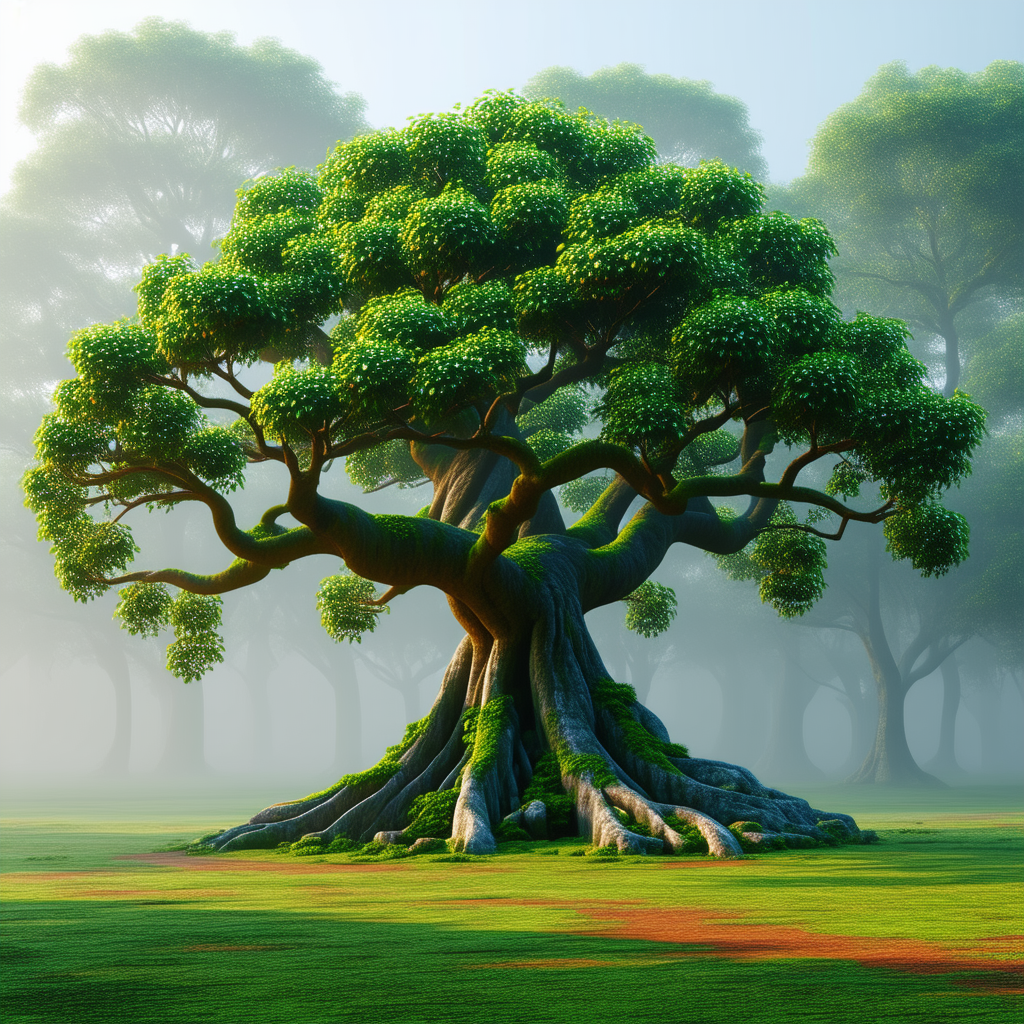 Nature 3d Render: Ancient Tree In Misty Environment With Large Tree