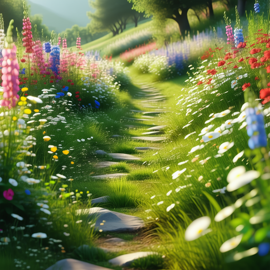 Nature Cinema 4D: Path through flowering meadow