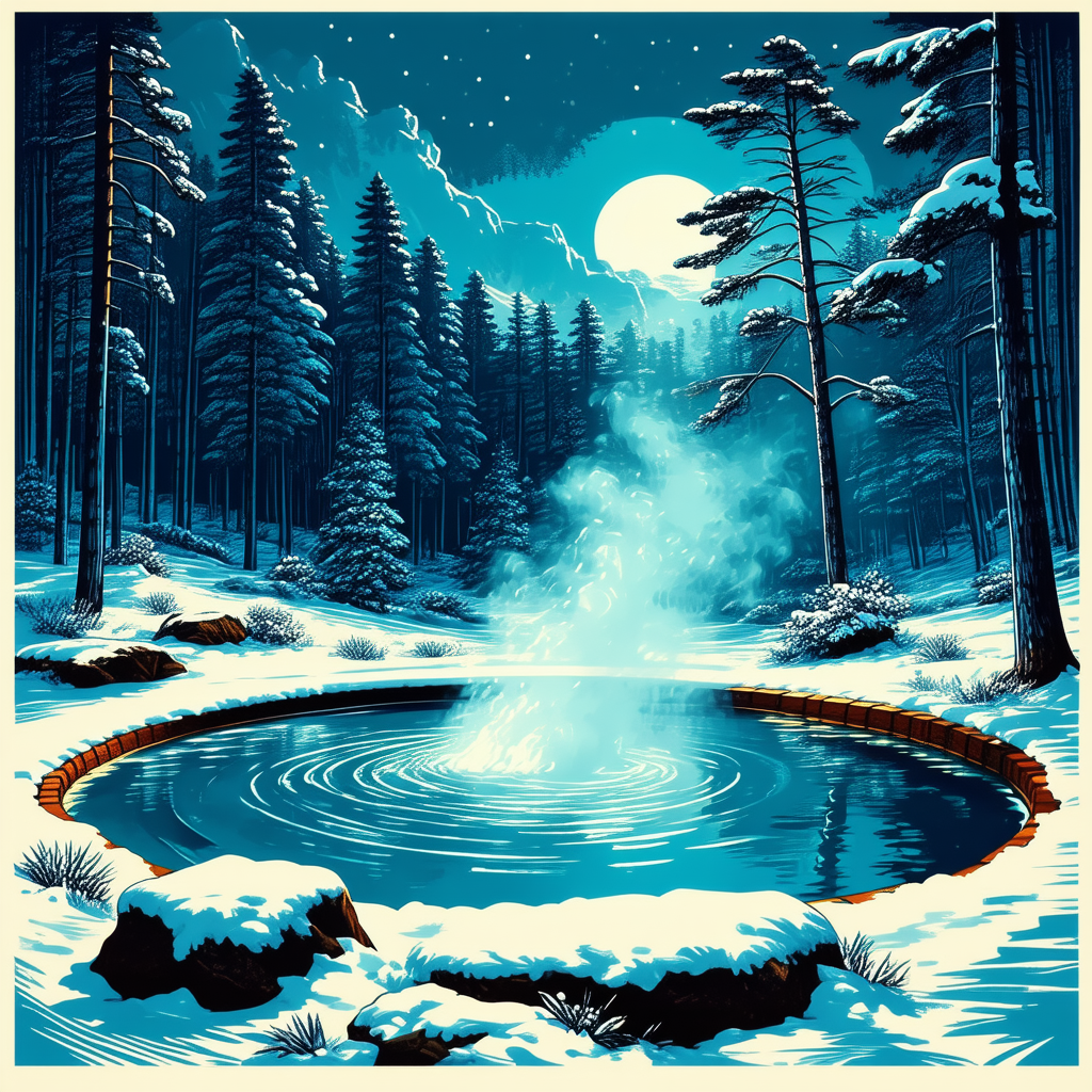 Nature Linocut Print: Hot Spring Surrounded By Snow-covered Trees With Image, There