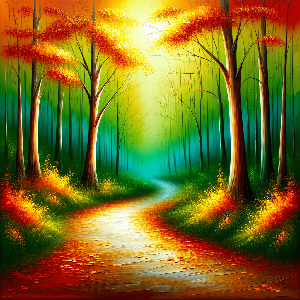 Nature Oil Painting: Path through autumn woodland