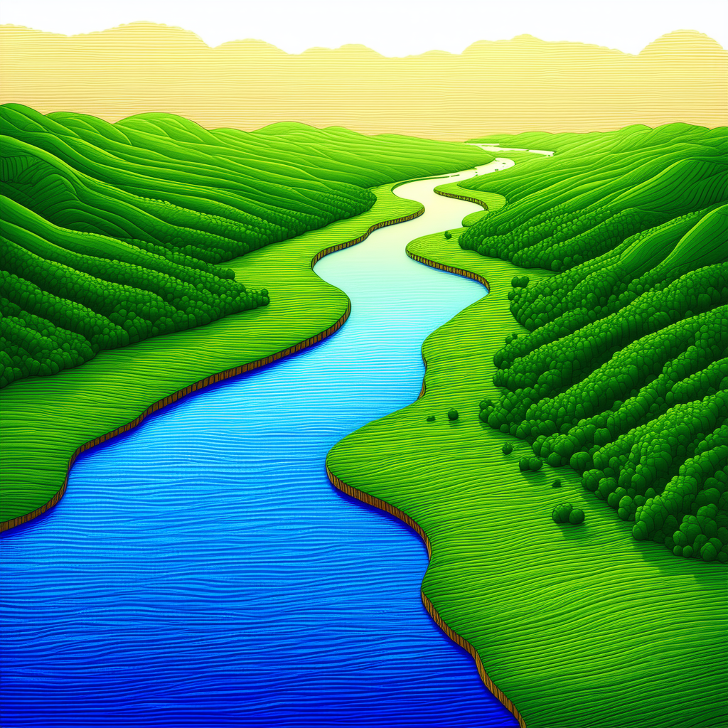 Nature Linocut Print: Aerial View Of Winding River With Painting River