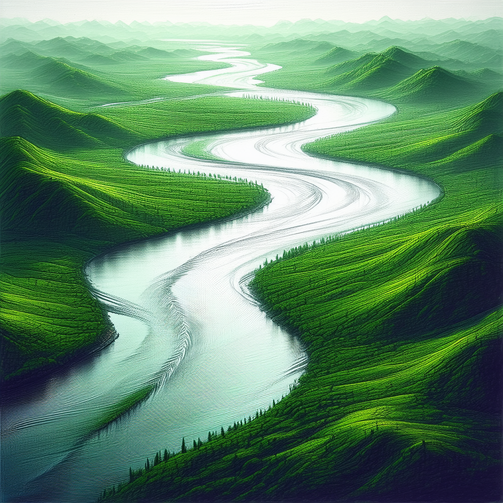 Nature Charcoal Drawing: Aerial View Of Winding (river:1.44) With Large River