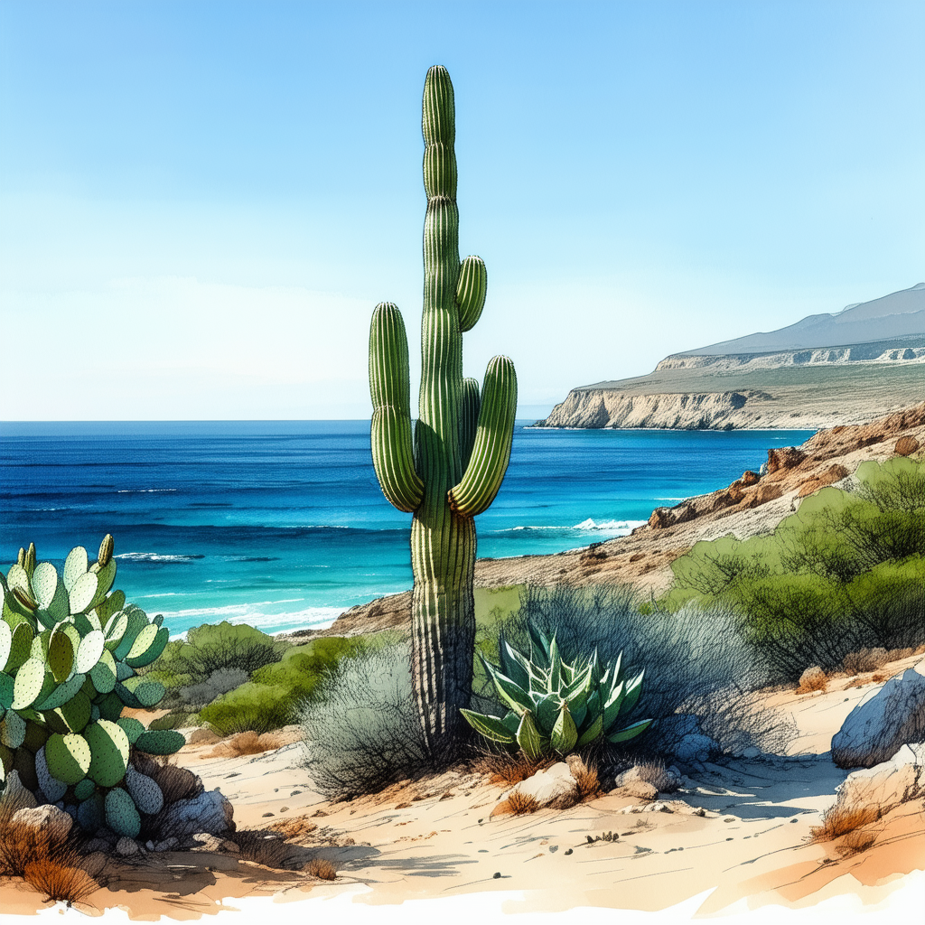 Nature Ink Drawing: Cactus In Coastal Environment With Cactus Standing