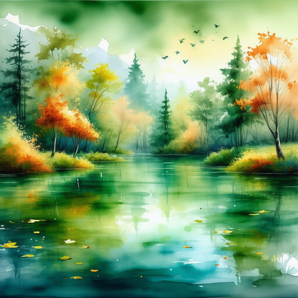 Nature Watercolor Painting: Tranquil Pond Surrounded By Autumn Trees With Image, There