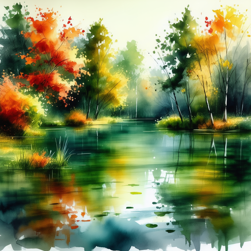 Nature Watercolor Painting: Tranquil pond surrounded by autumn trees