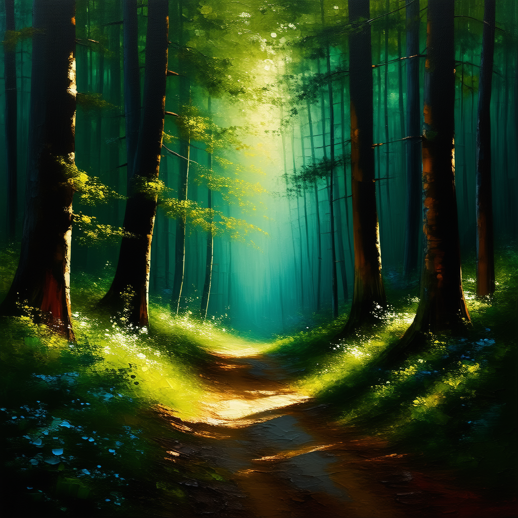 Nature Oil Painting: Path through dense forest