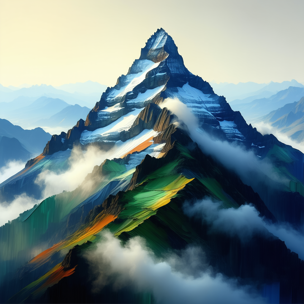 Nature Oil Painting: (mist:1.17) over mountain peak