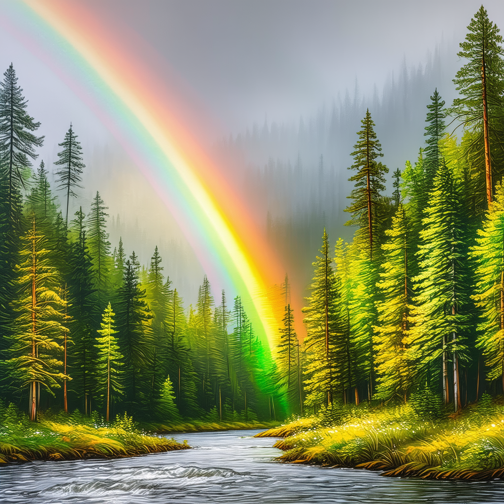 Nature Charcoal Drawing: Rainbow Over Forest Clearing With Beautiful Scene