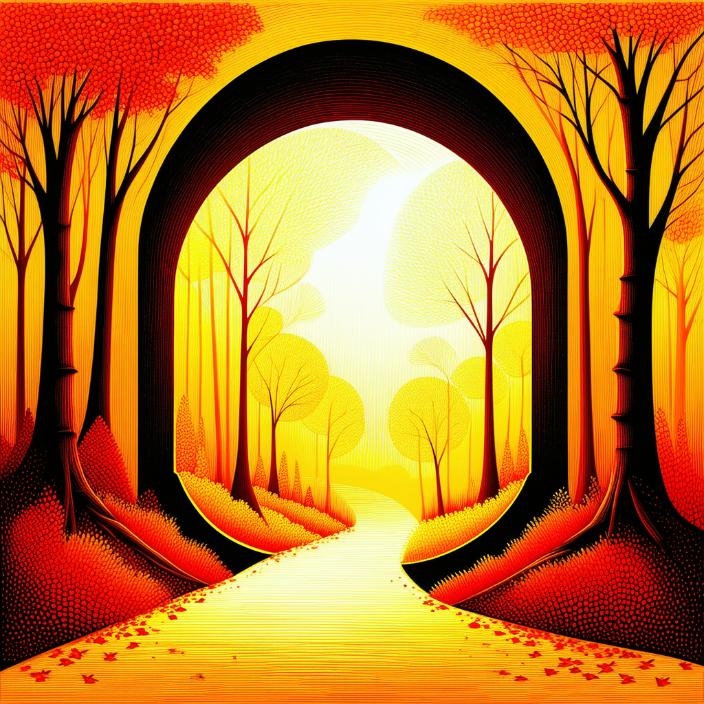 Nature Ink Drawing: Natural Arch In Autumn Colors With Image, There