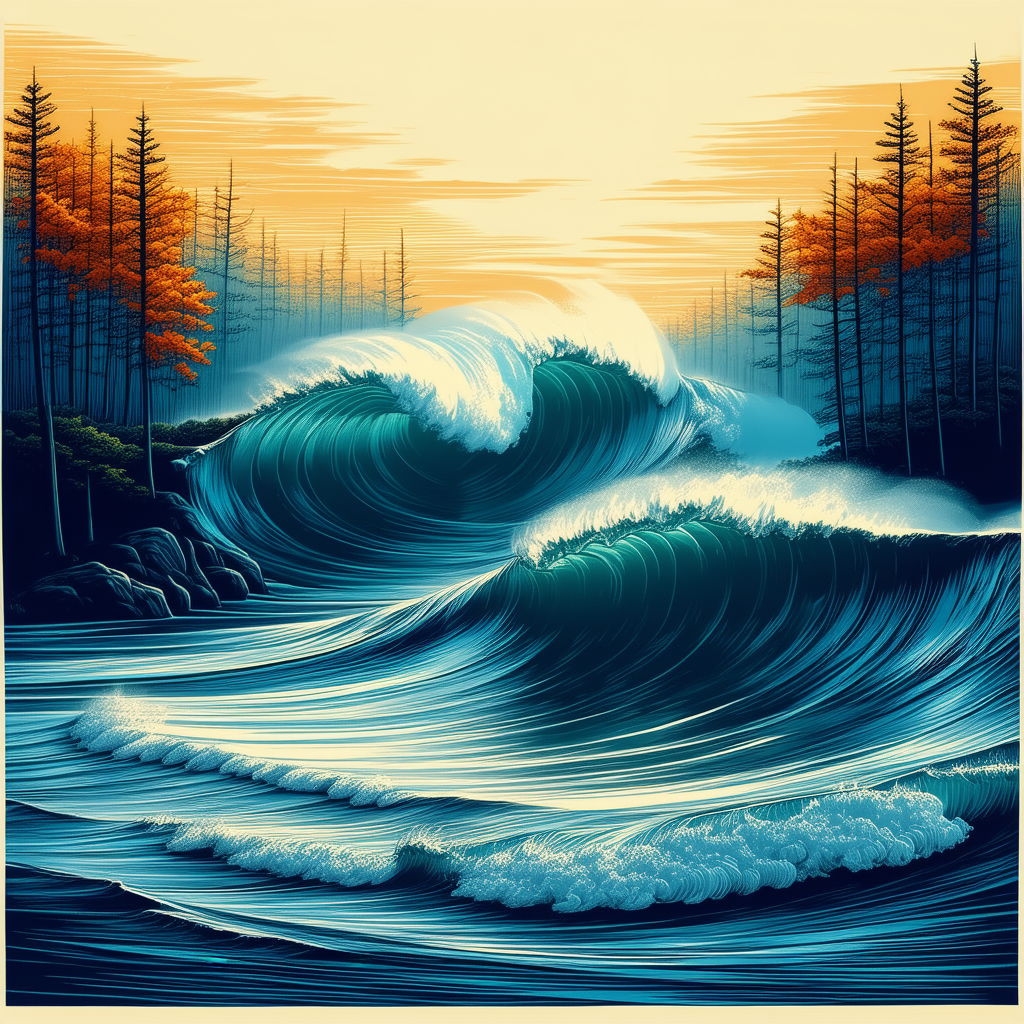 Nature Linocut Print: (ocean:1.4) Waves Surrounded By Autumn Trees With Painting Large