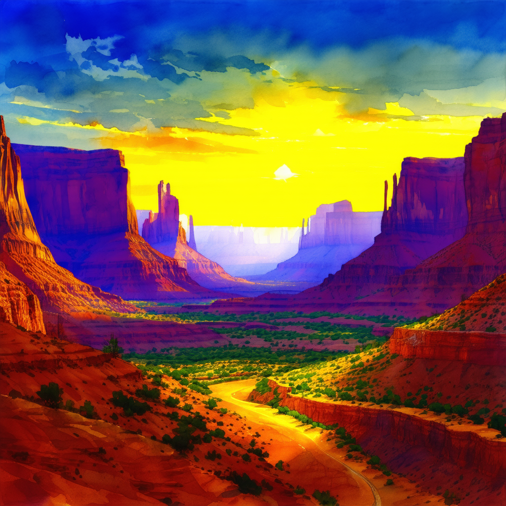 Nature Watercolor Painting: Canyon During Golden Hour With Painting Beautiful