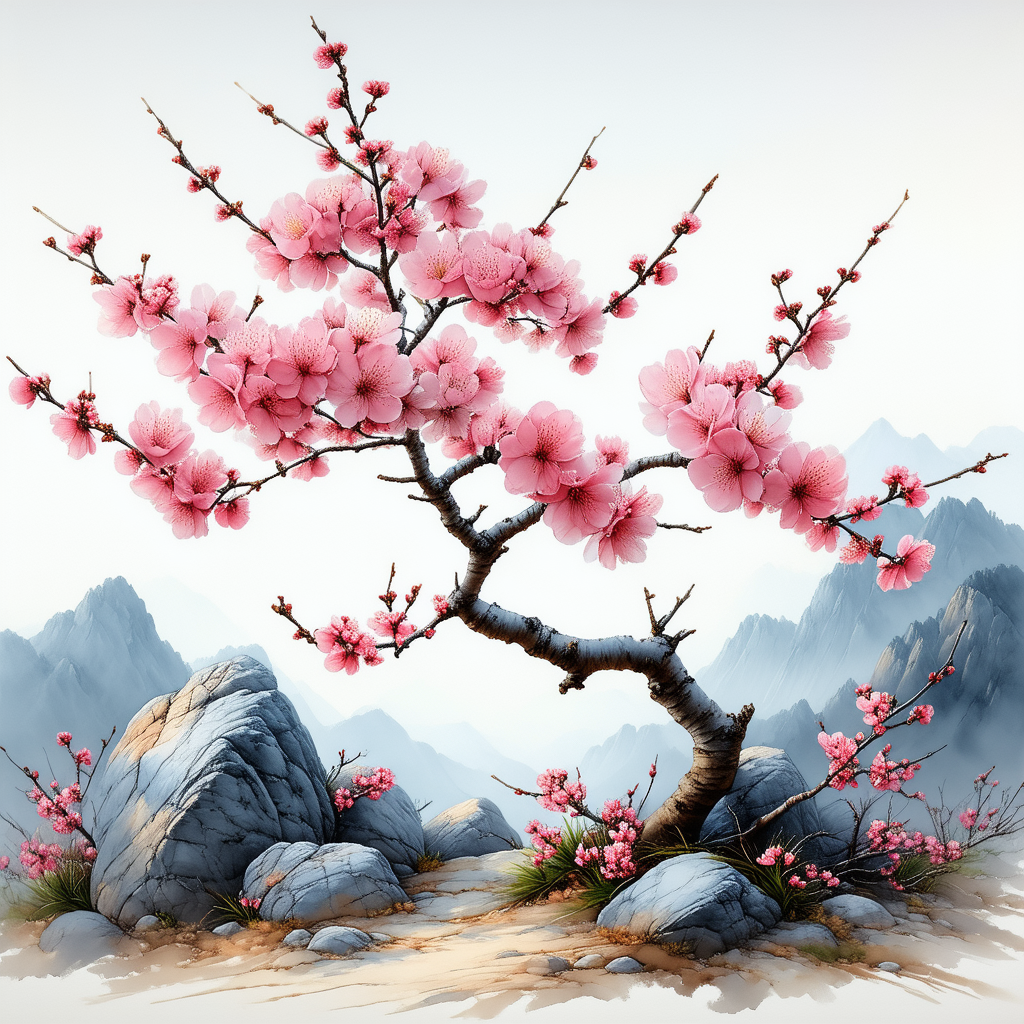 Nature Pastel Drawing: Cherry Blossoms In Rocky Terrain With Beautiful Tree