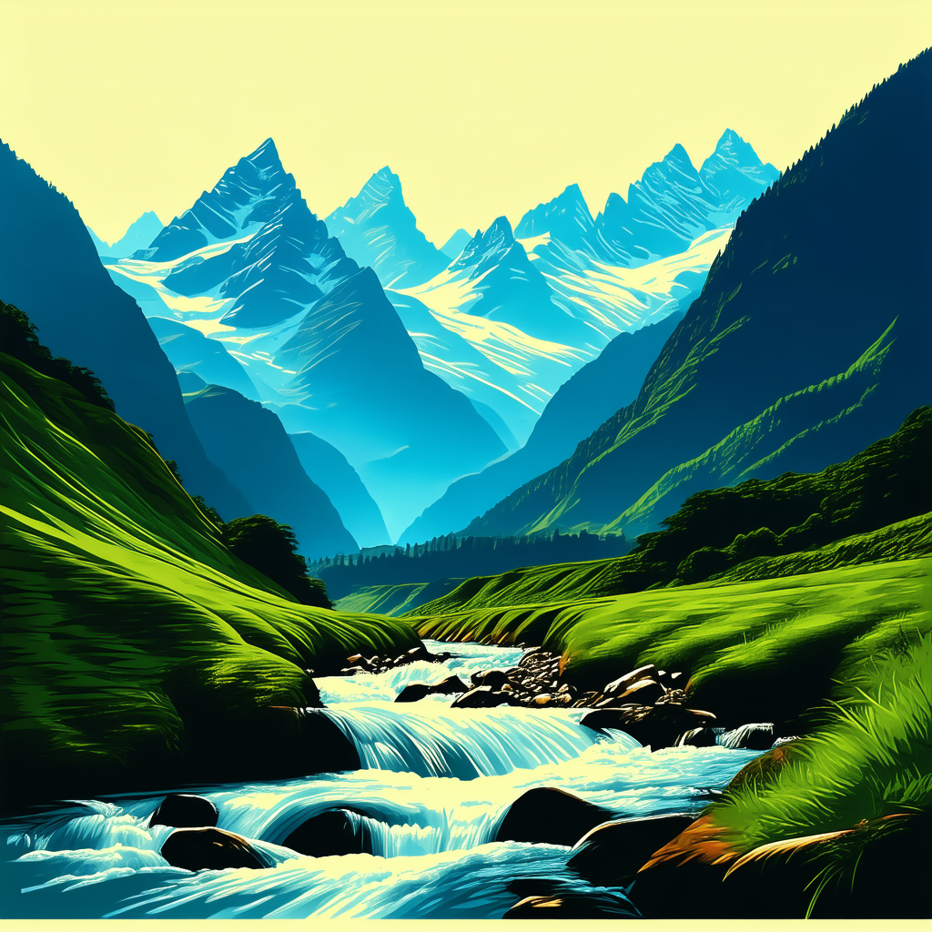 Nature Woodcut Print: Mountain Stream Surrounded By Mountain Peaks With Painting Mountain