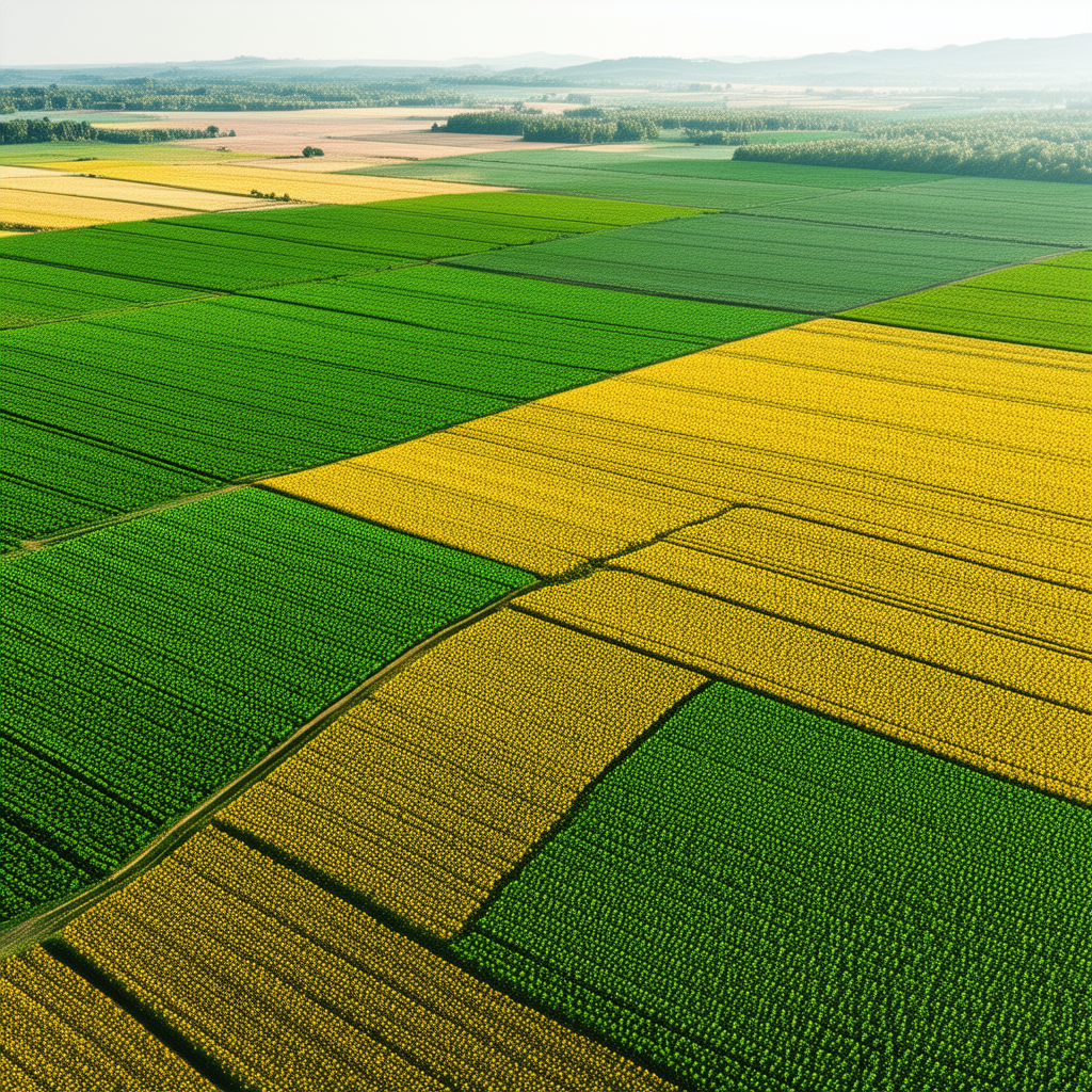 Nature Lithograph: Aerial View Of Agricultural Fields With Large, Lush