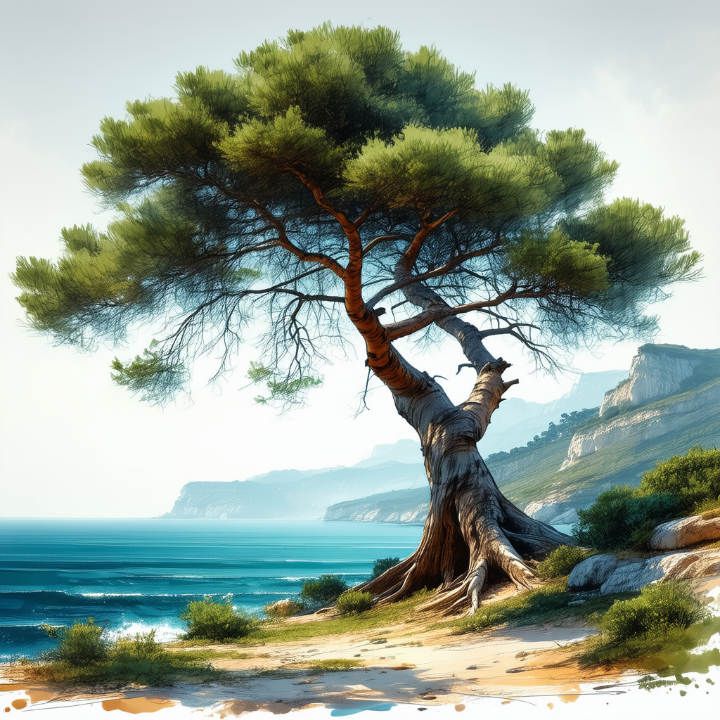 Nature Ink Drawing: (ancient:1.33) Tree In Coastal Environment With Beautiful Tree