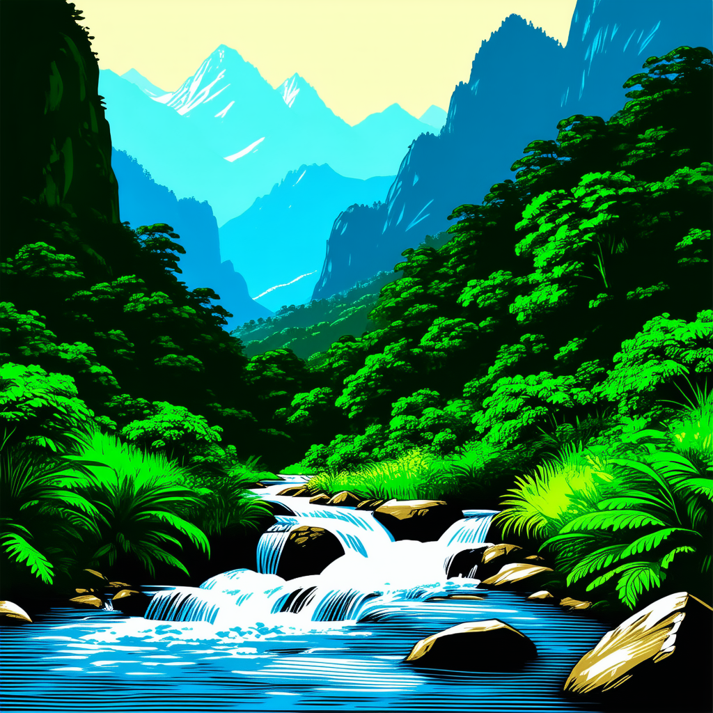 Nature Linocut Print: Mountain Stream Surrounded By Lush Vegetation With Colorful Painting