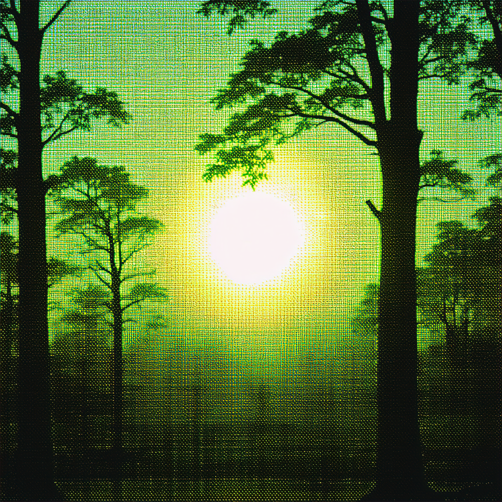 Nature Lithograph: Forest scene during (sunset:1.12)