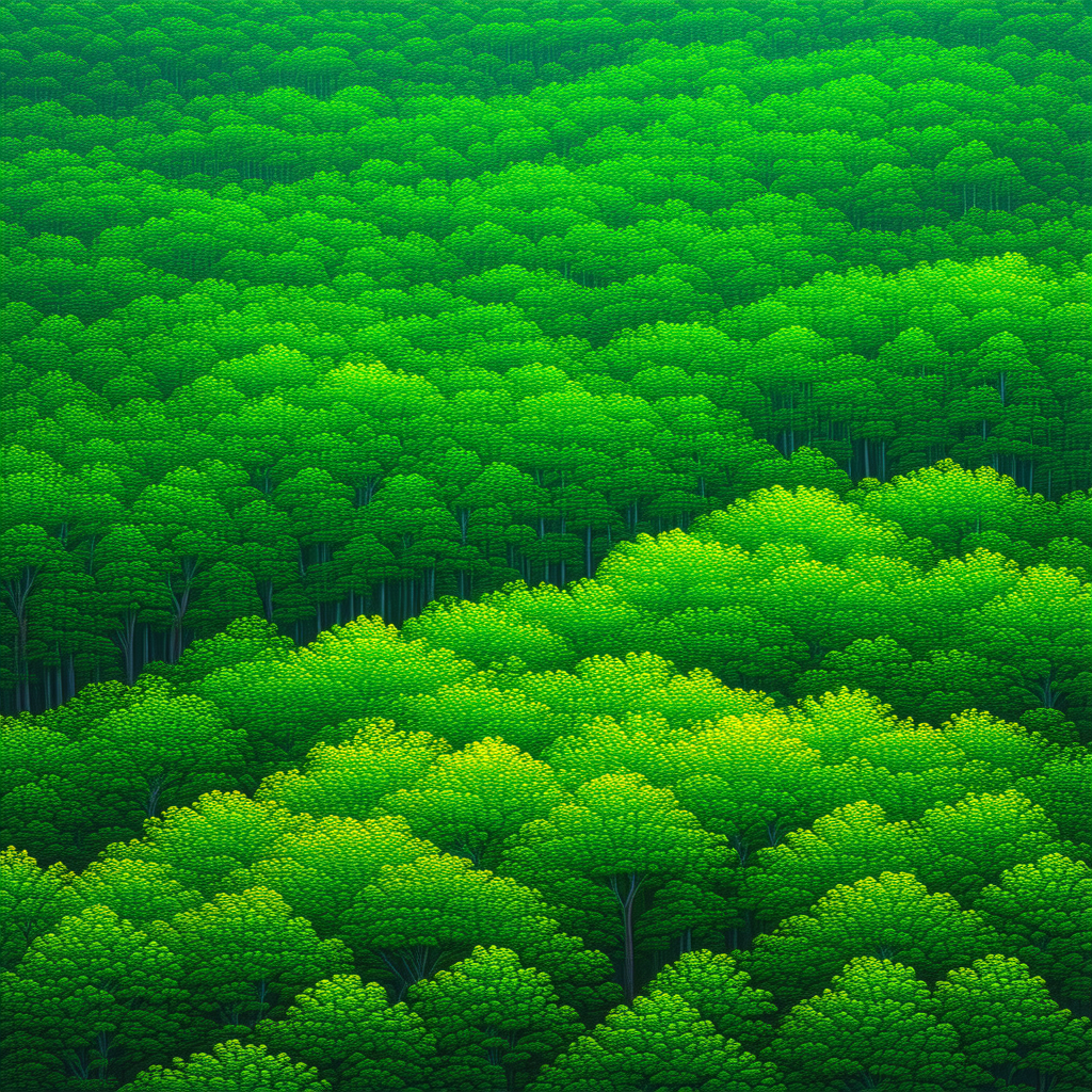 Nature Linocut Print: Aerial view of (forest:1.37) canopy