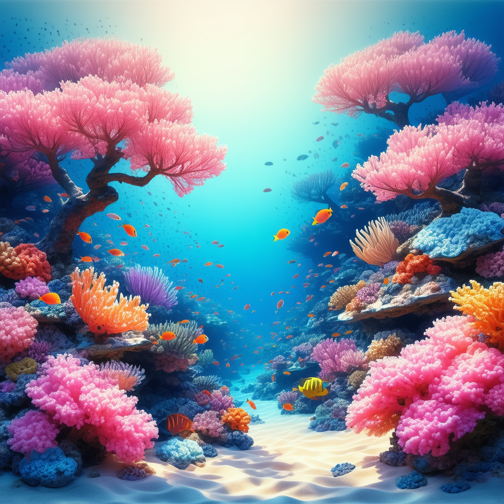Nature Ink Drawing: Coral Reef In Spring Bloom With Colorful Vibrant