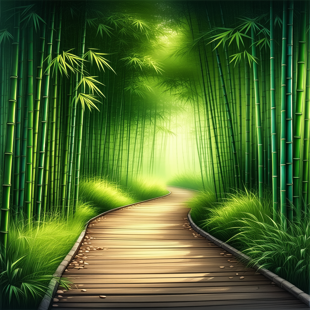 Nature Technical Illustration: Path Through Bamboo Grove With Pathway Surrounded