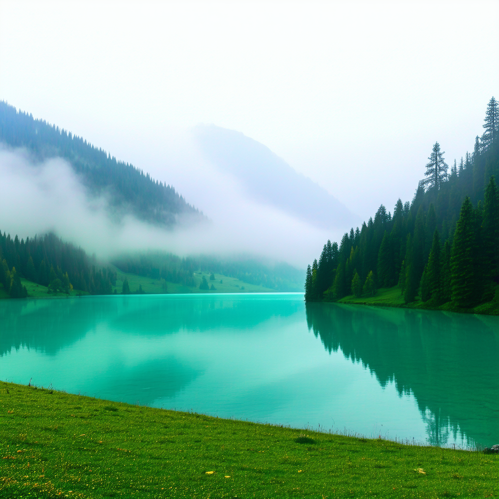Nature Infographic Style: Mist Over Alpine (lake:1.24) With Serene Lake