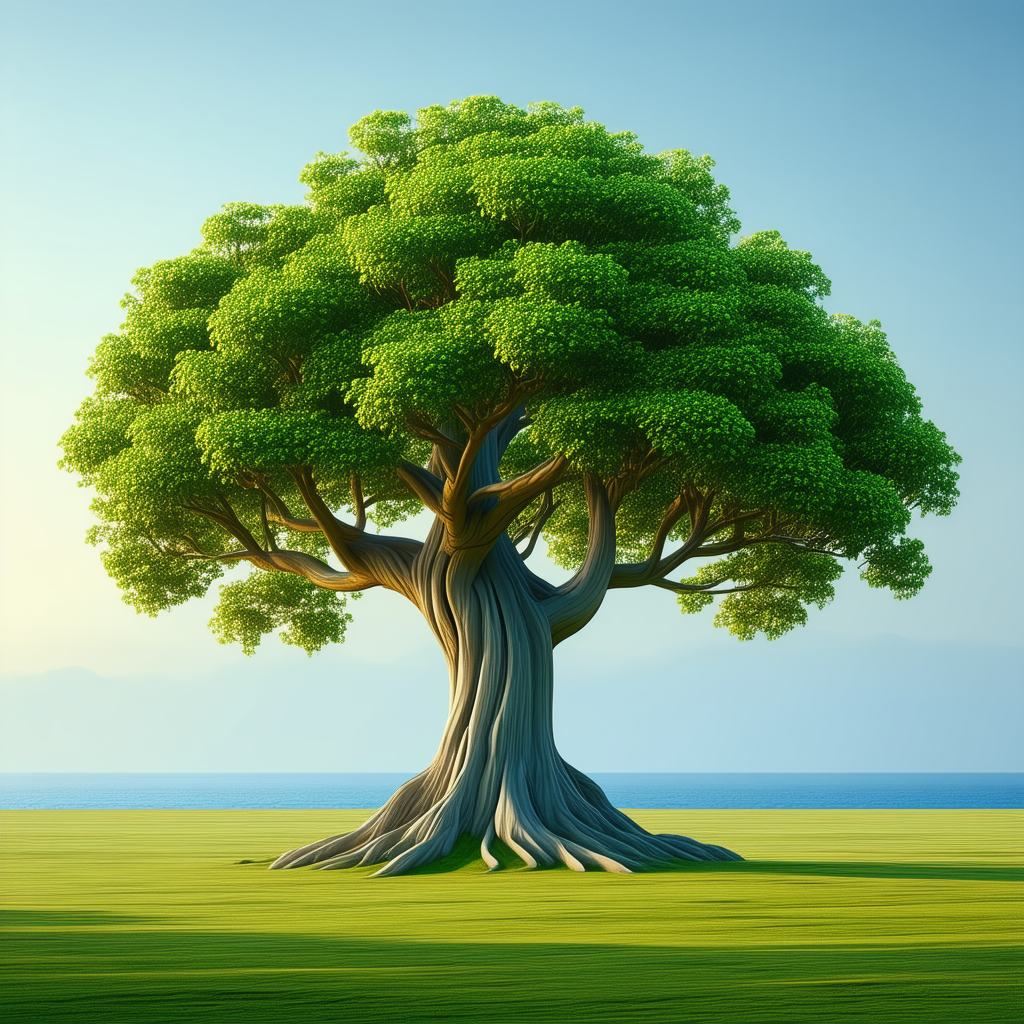 Nature Minimalist Design: Ancient (tree:1.49) In Coastal Environment With Large, Green