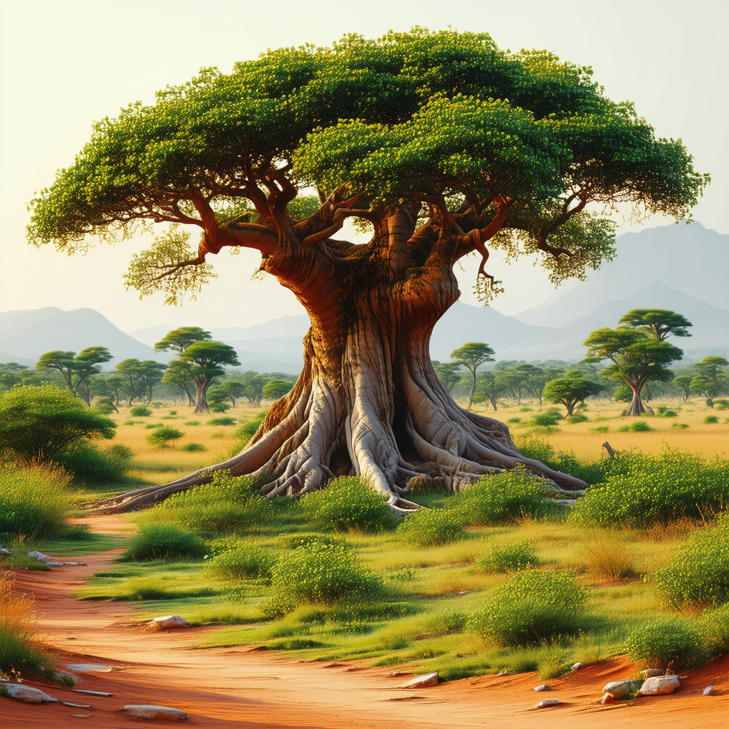 Nature Flat Design: Ancient (tree:1.28) In Dry Season With Large Tree