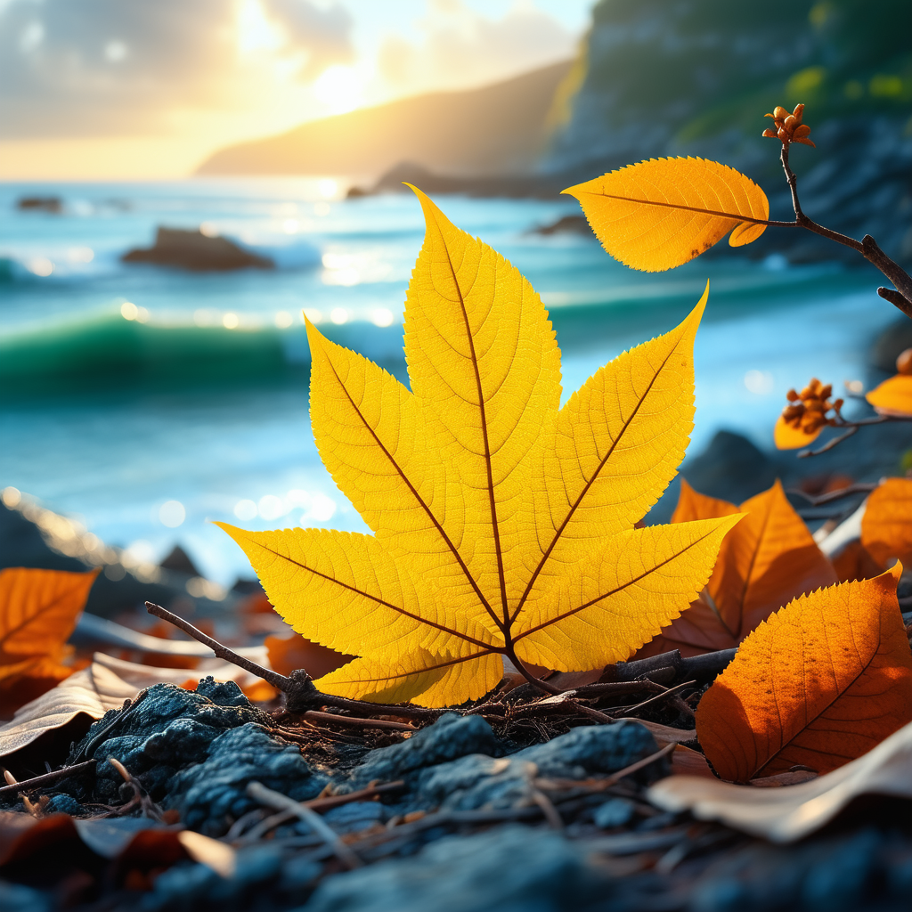 Nature Vector Art: Autumn Leaves In Coastal Environment With Beautiful Beach