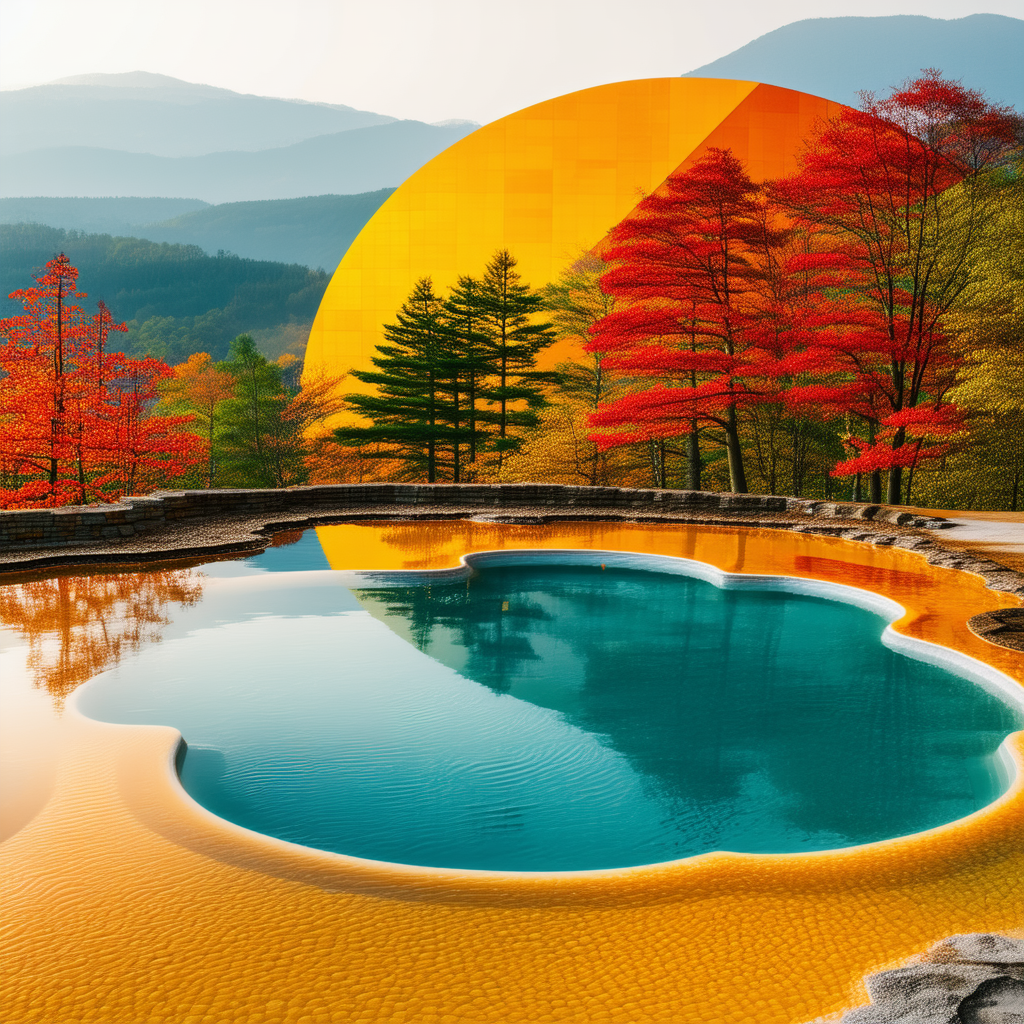Nature Geometric Design: Hot Spring Surrounded By Autumn Trees With Large, Round