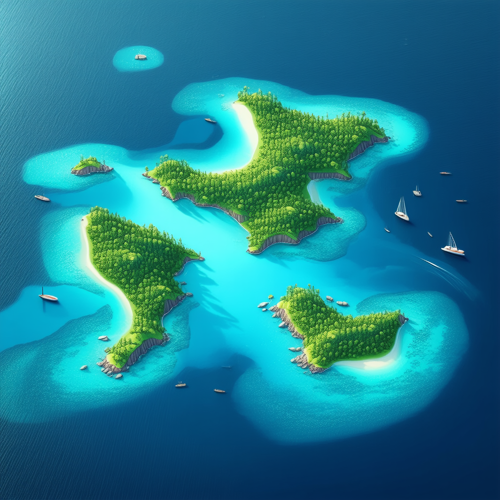 Nature Flat Design: Aerial View Of Coastal Islands With Cartoon-like Drawing