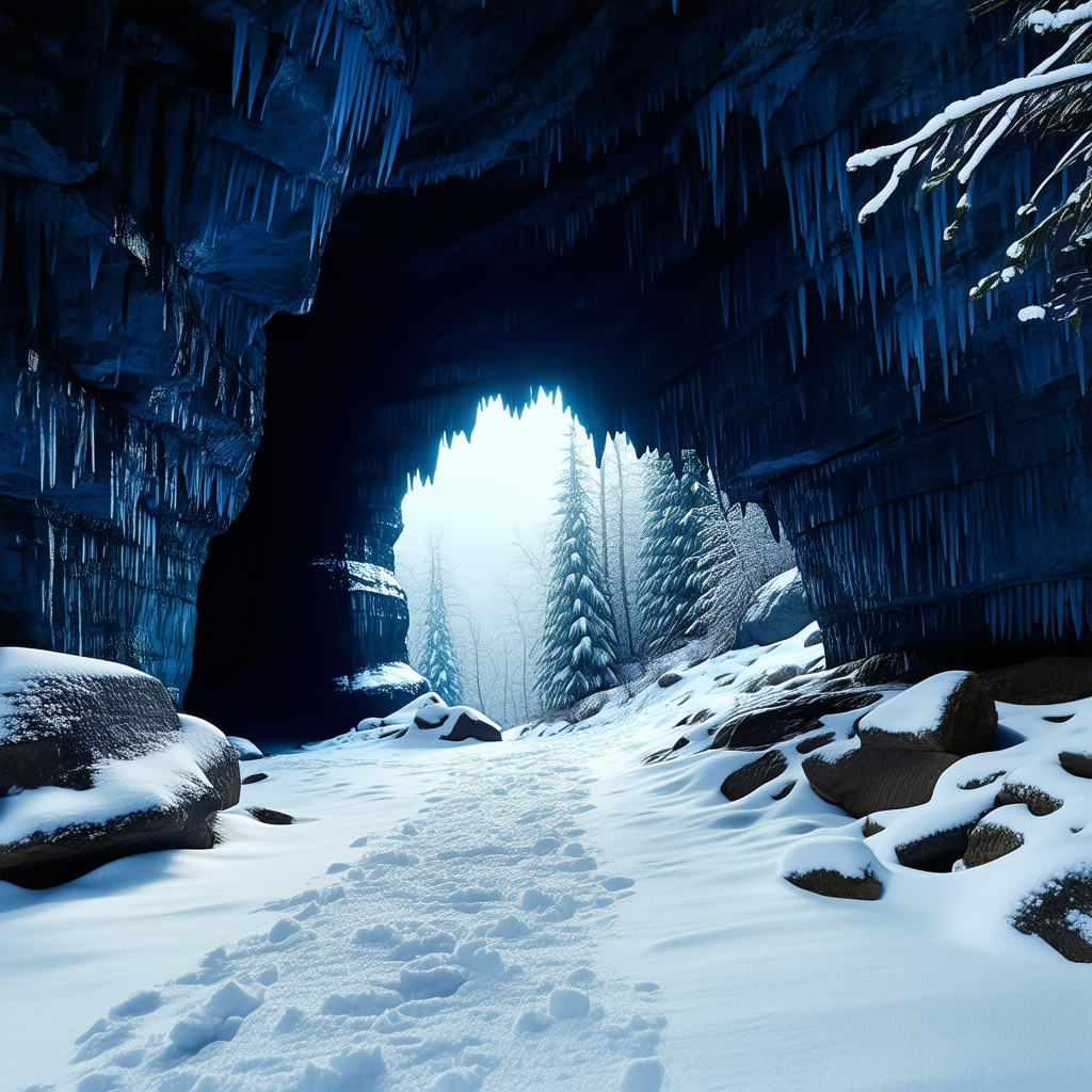 Nature Infographic Style: Cave Entrance In Winter Snow With Image, There