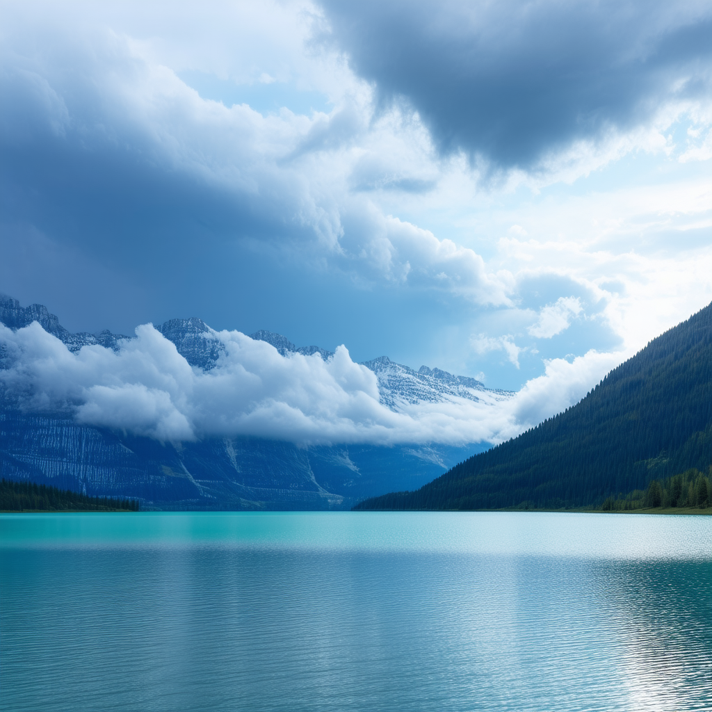 Nature Minimalist Design: Dramatic Clouds Over Alpine Lake With Beautiful Mountain