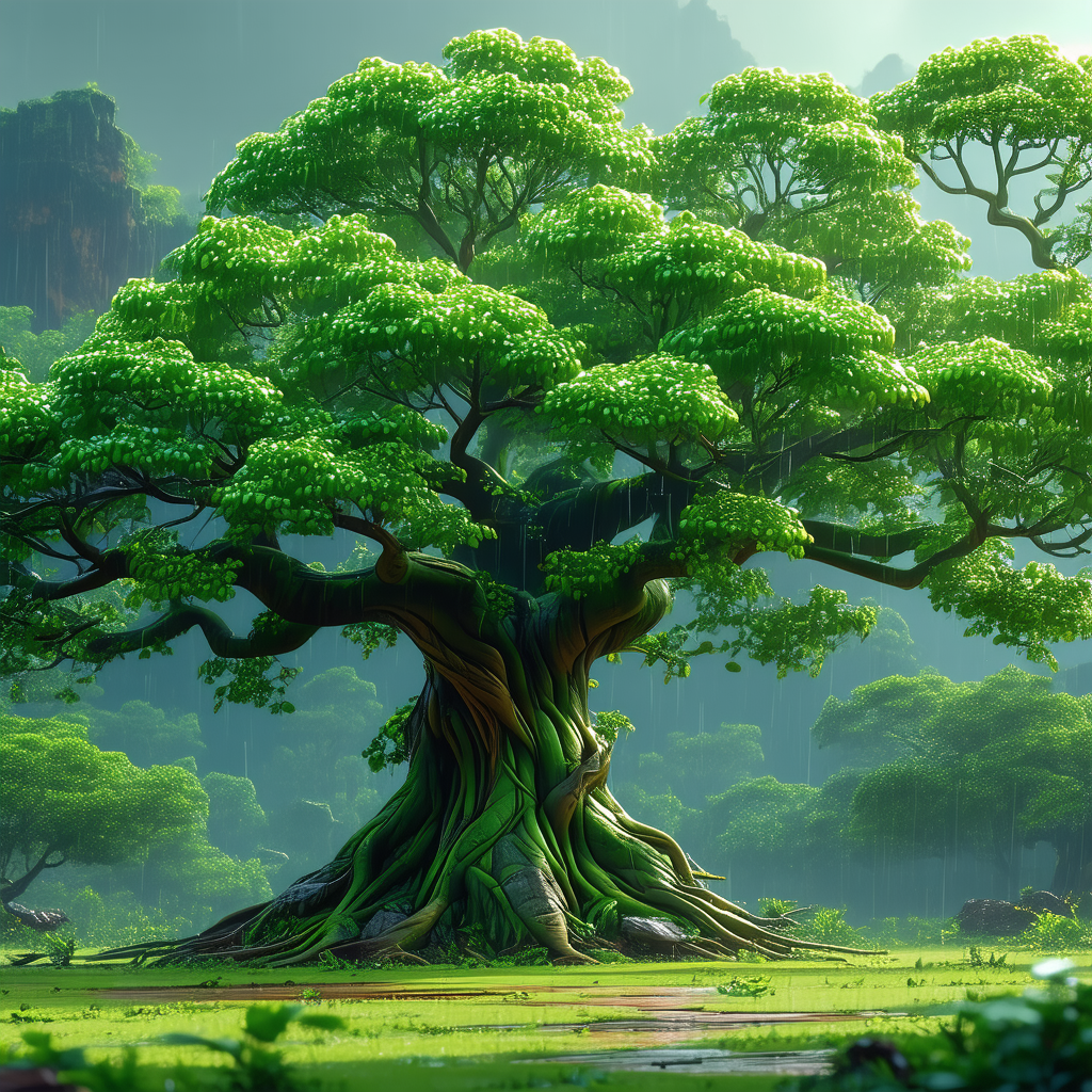 Nature Flat Design: Ancient (tree:1.4) In Rainy Season With Large, Lush